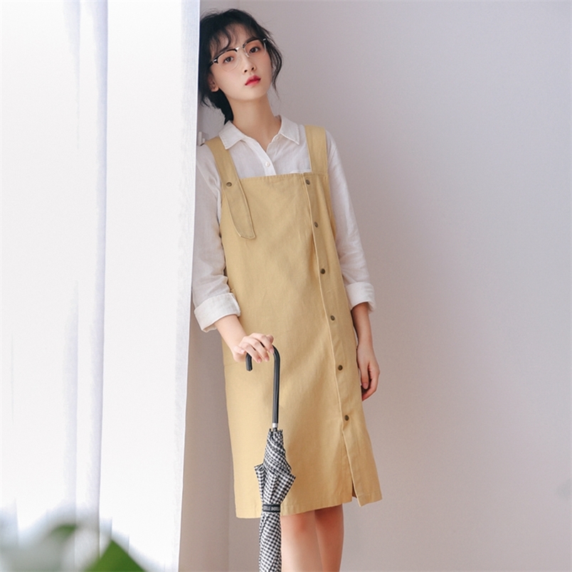 

Single Breasted Wide Shoulder Strap Denim Suspender Dress Women Loose Summer Slash Neck Tank Top Dresses Casual Overalls 210604, Beige