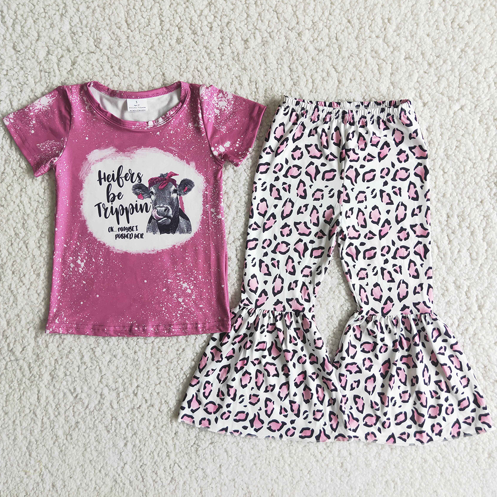 

Wholesale Designer Clothes Kids Sets Baby Girls Boutique Clothing Summer Fall Bell Bottom Outfits Cow Print Fashion Children Toddler Outfit Short Sleeve Girl Set, Multi