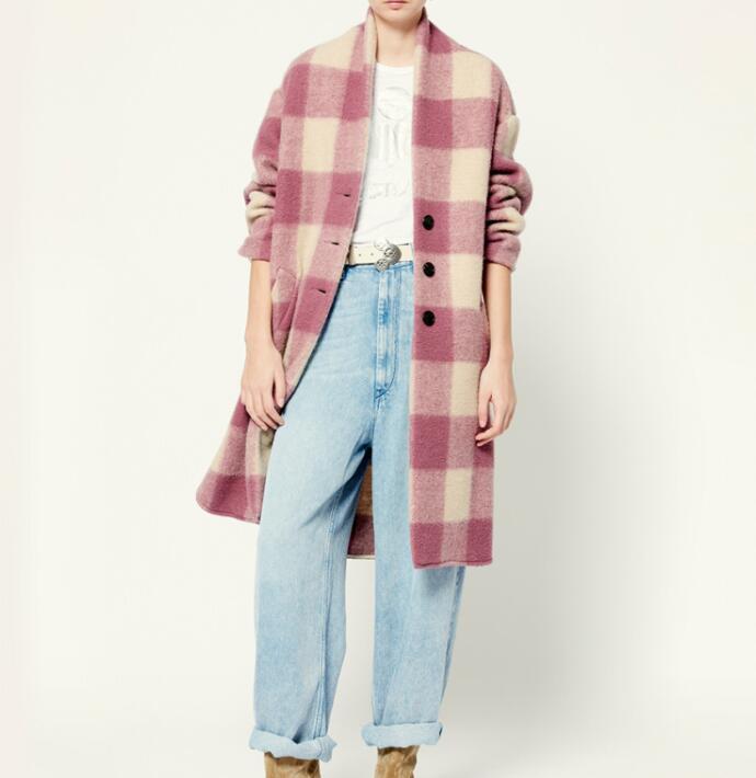 

Women' Wool & Blends Woman Mulberry Checked Blend Coat Single Breasted Sides Pockets Drop Shoulder Long Sleeves Outwear