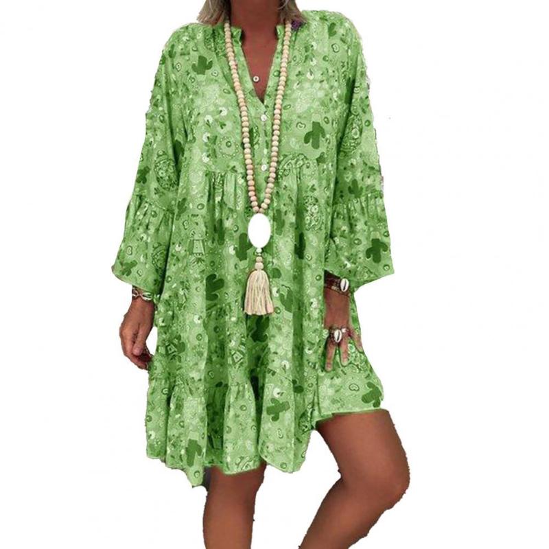 

Casual Dresses Mini Dress Cactus Print Ruffled Women V Neck Long Sleeve Buttons For Beach Bodycon Party 2022, Green