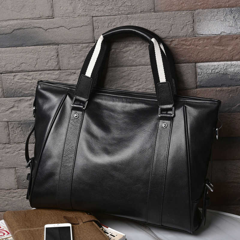 

Leather Men's bag men's handbag briefcase men's business trend leisure top leather, White black large