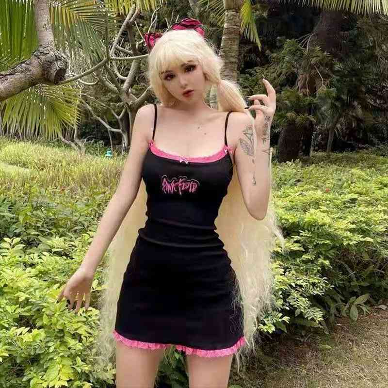 

mall goth cyber y2k mini dress women e-girl pink black lace trim mini dresses dark academia aesthetic 90s kawaii, Black;gray