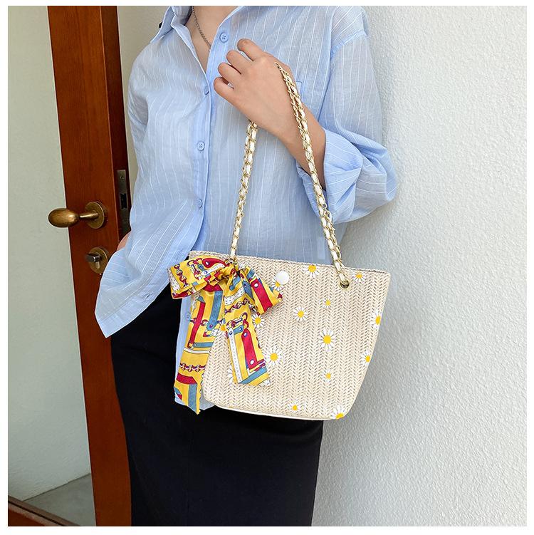 

Summer Straw Bucket Bag Sweet Bowknot Small Chrysanthemum Casual Backpack