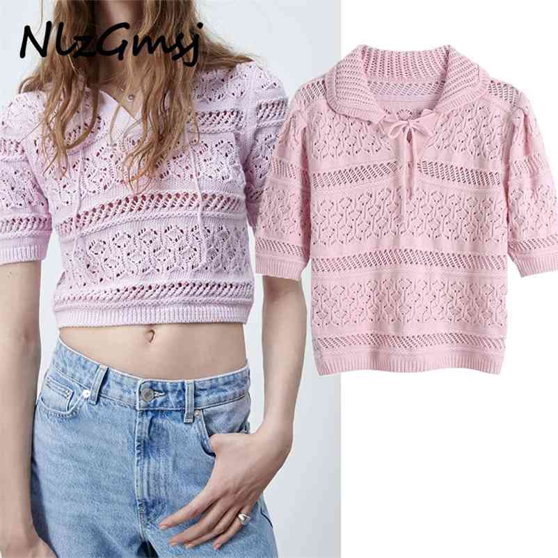 

Blouse Women Knitted Top Elegant Streetwear Drawstring Collar Blouses Woman Sweaters Short Sleeve 03 210628, As picture