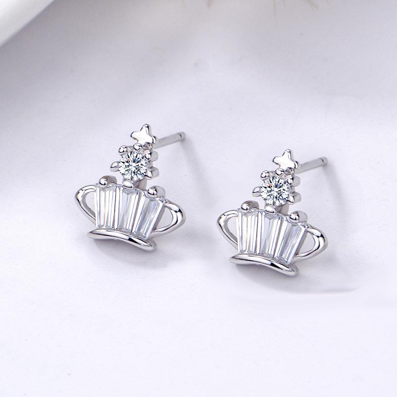 

Stud S925 Pure Silver Earrings Crown Inlaid With Zircon European And American Fashion Jewelry Korean, Golden;silver