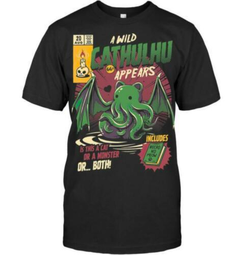 

R1 Cat Monster God Cthulhu Mythos Comic Cover Lovecraft Horror Black T-shirt, White;black