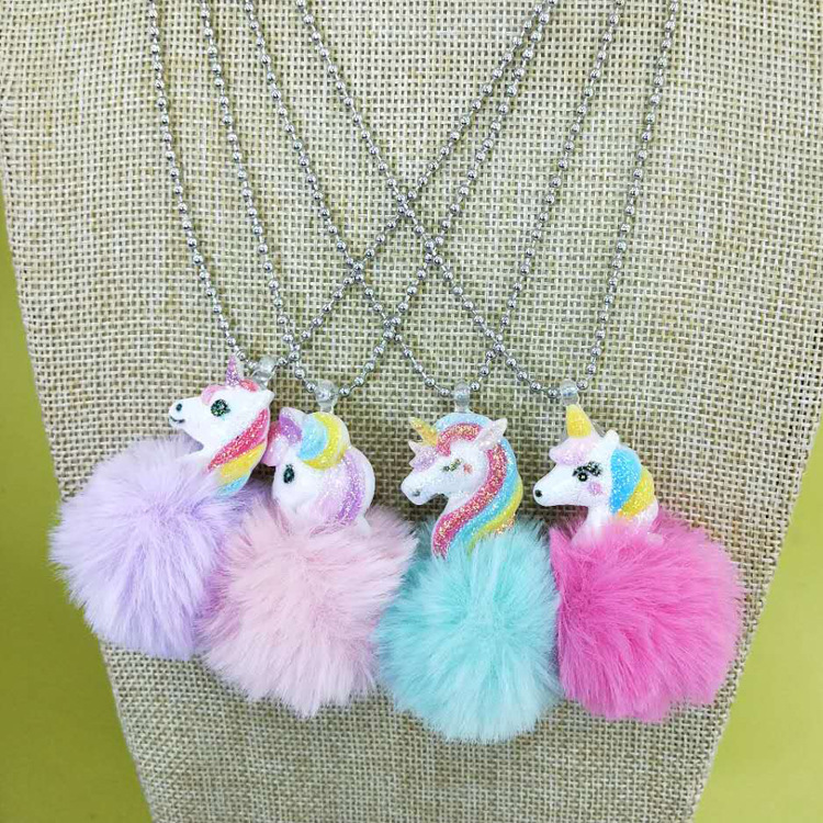 

DHL Cute Unicorn Rainbow Plush Ball Pendants Necklace Child Charms Chain Necklace For Baby Party Girls Gifts, Customize
