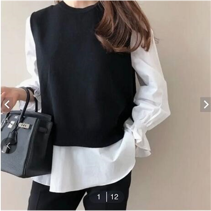 

Qooth Ins Women's Loose Blouse Knitting Vest Two Pieces Clothing Set Autumn Loose Blouses Casual Female Tops QT233 210518, Black