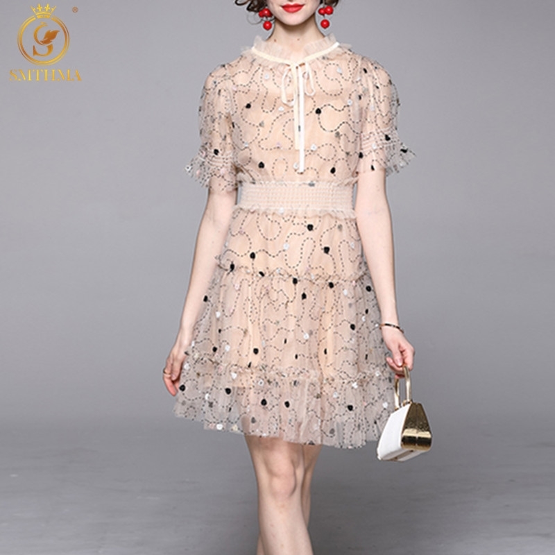 

Fashion Designer Summer Dress Women Short Sleeve Mesh Embroidery Sequins Vacation Elegant Dresses Vestidos 210520, Photo color