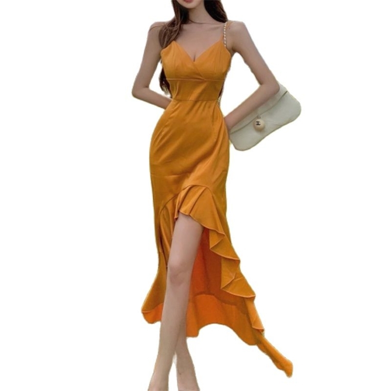 

Elegant dress female holiday suspender halter fishtail skirt summer and Korean fashion women's clothing 210520, The picture color