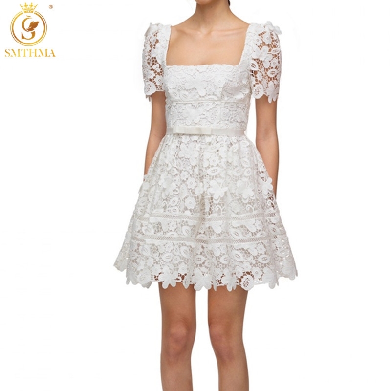 

Fashion Designer Runway Summer Dress Women' Square Collar Short Sleeve Lace Hollow Out Elegant Party Vestidos 210520, Picture color