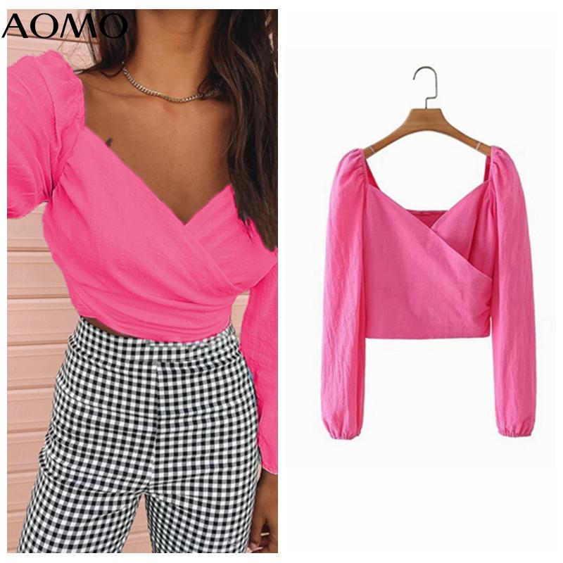 

Women' Blouses & Shirts AOMO Women Cotton Vintage Crop Shirt Puff Long Sleeve 2021 Chic Female Casual 2X16A, Sky blue