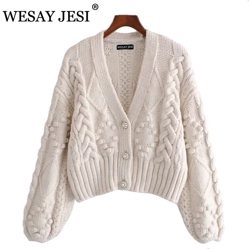 

WESAY JESI Women's Spring Knitted Cardigan Women Sweater Thick Loose Lantern Sleeve Pearl Button Short Sweet And Lazy Style 211018, 0099blue