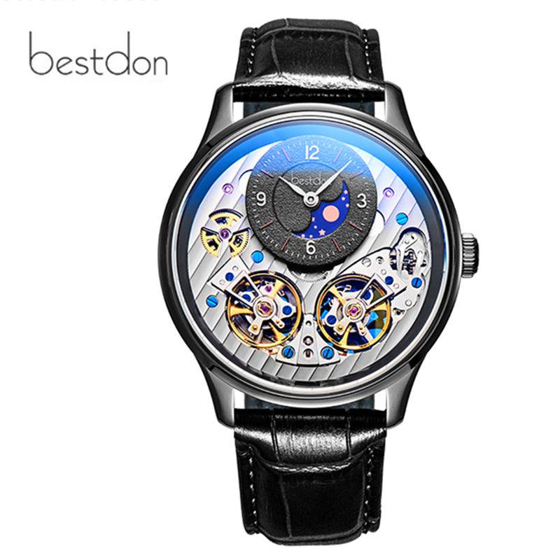 

Wristwatches Double Skeleton MoonPhase Switzerland Mechanical Watch Men Full Steel Waterproof Automatic Watches Reloj Montre, Slivery;brown