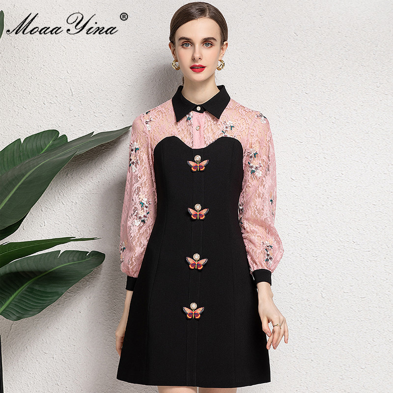 

Fashion Designer Summe Mini Dress Women Lace Long sleeve Patchwork Applique Elegant Black Short 210524
