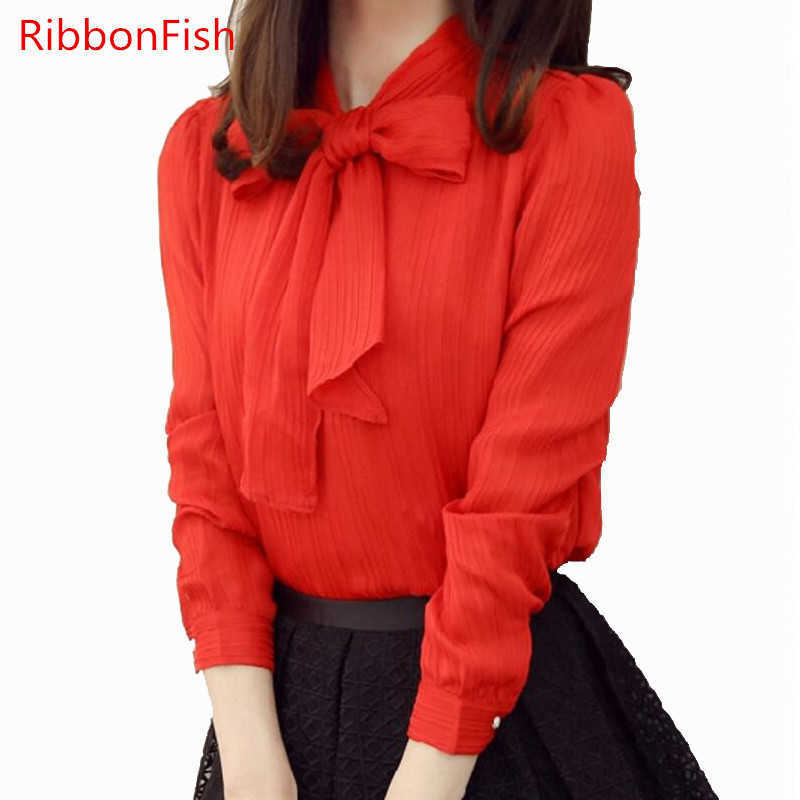 

Office Wear Women Summer Chiffon Blouses Shirts Lady Girls Casual O-Neck Bow Tie Long Sleeve Tops Blusas DF1228 210609, Red
