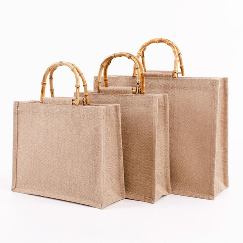 

Jewelry Pouches, Bags Portable Burlap Jute Shopping Bag Handbag Bamboo Loop Handles Reusable Tote Grocery For Women Girls