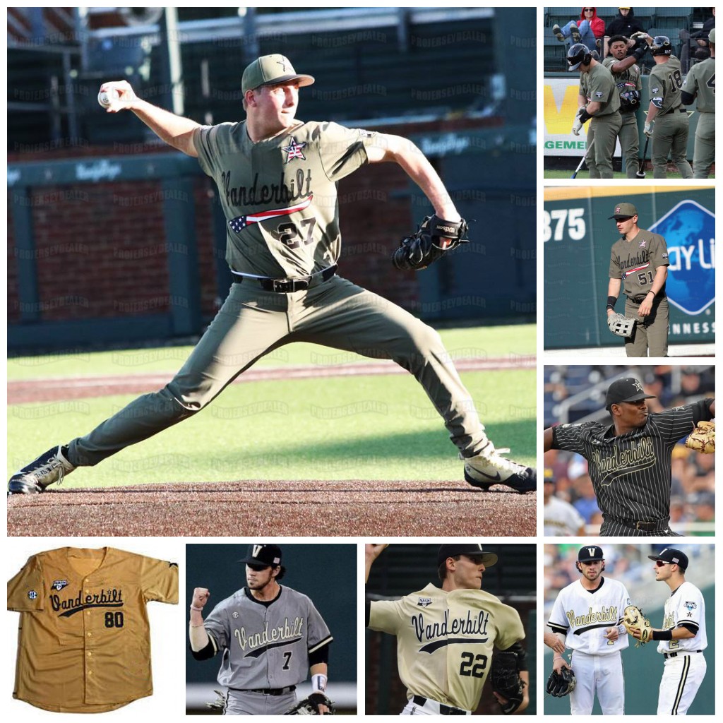 

NCAA Vanderbilt Commodores Baseball CWS White Gold Black Jersey 7 Dansby Swanson 2 Harrison Ray 80 Rocker 13 Buehler 14 Price, Black stripe with 2019 cws patch