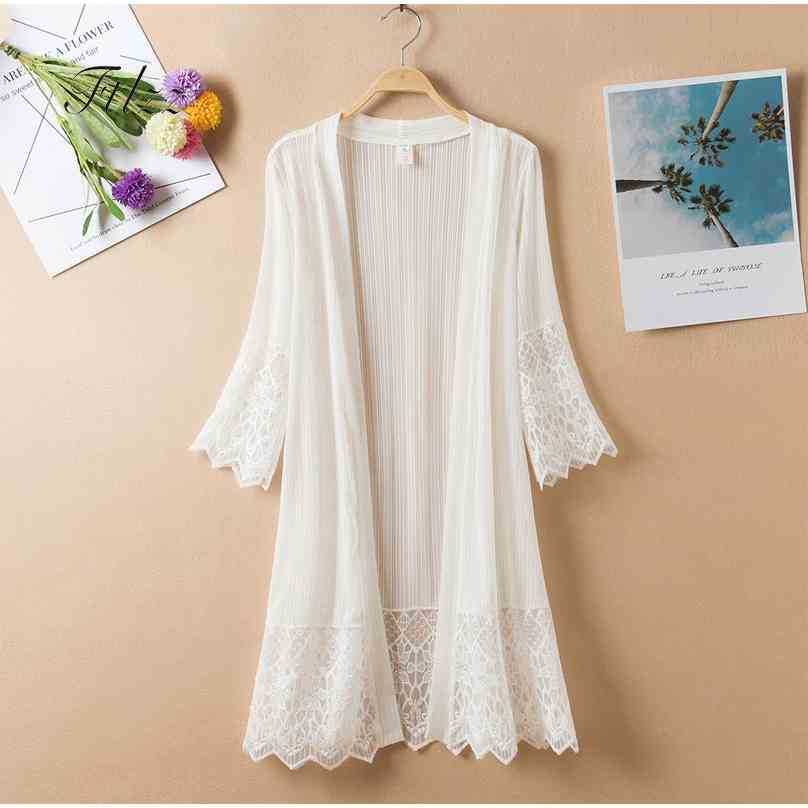 

Casual Jacket Casaco Feminino Summer Autumn Thin Half Sleeve Patchwork Long Lace Coat Plus Size Outerwear Womens 210525