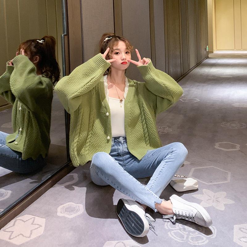 

Women's Knits & Tees Small Fresh And Sweet Sweater Cardigan 2021 Spring Autumn Loose Korean Style Wild Western Short Jacket 104, Green