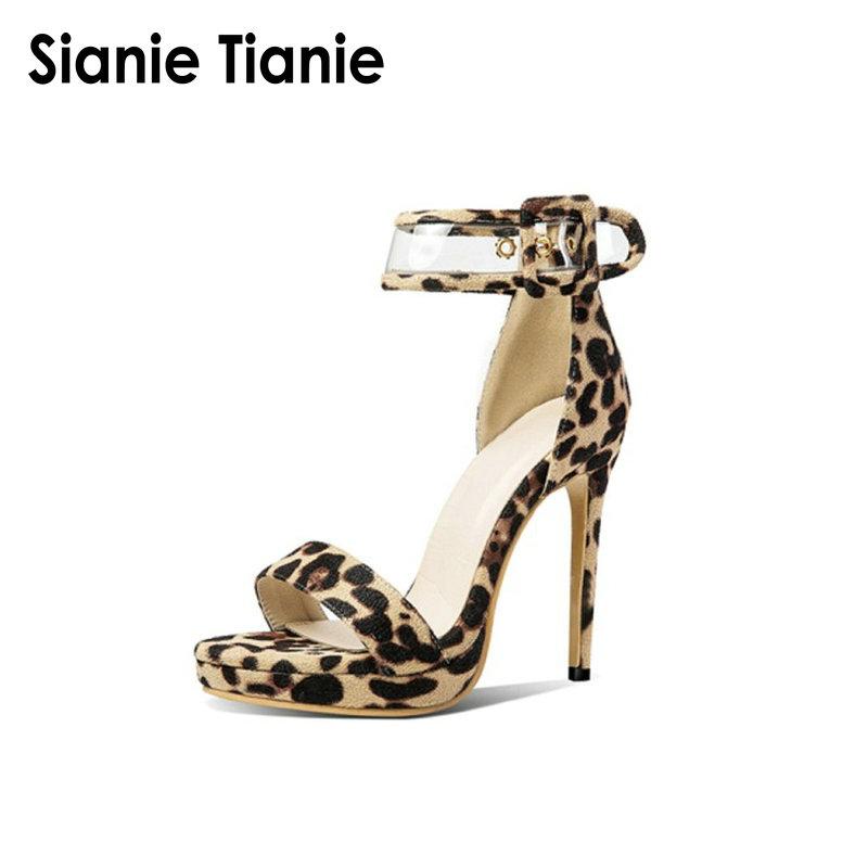 

Sianie Tianie 2021 Summer Leopard Sexy Woman High Heels Platform Sandals PVC Buckle Strap Women Gladiator Big Size 33-52, Black