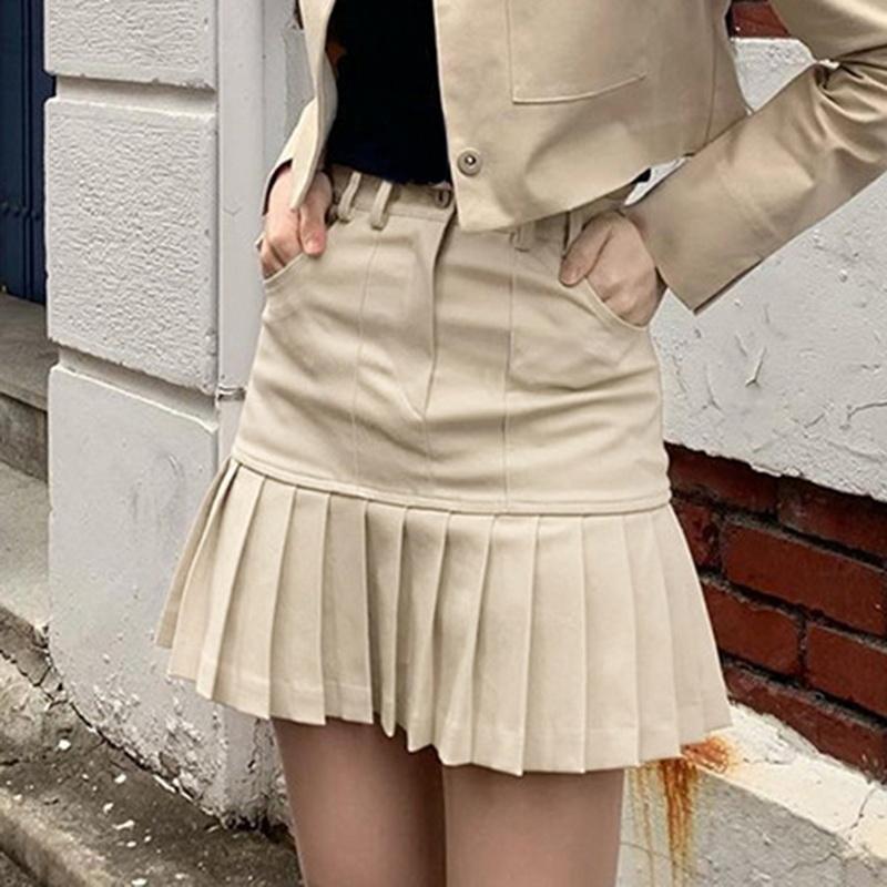 

Girls Cute Khaki Pleated Short Skirts Womens Casual High Waisted Mini Skirt Ladies Preppy Style Korean Fashion 2021