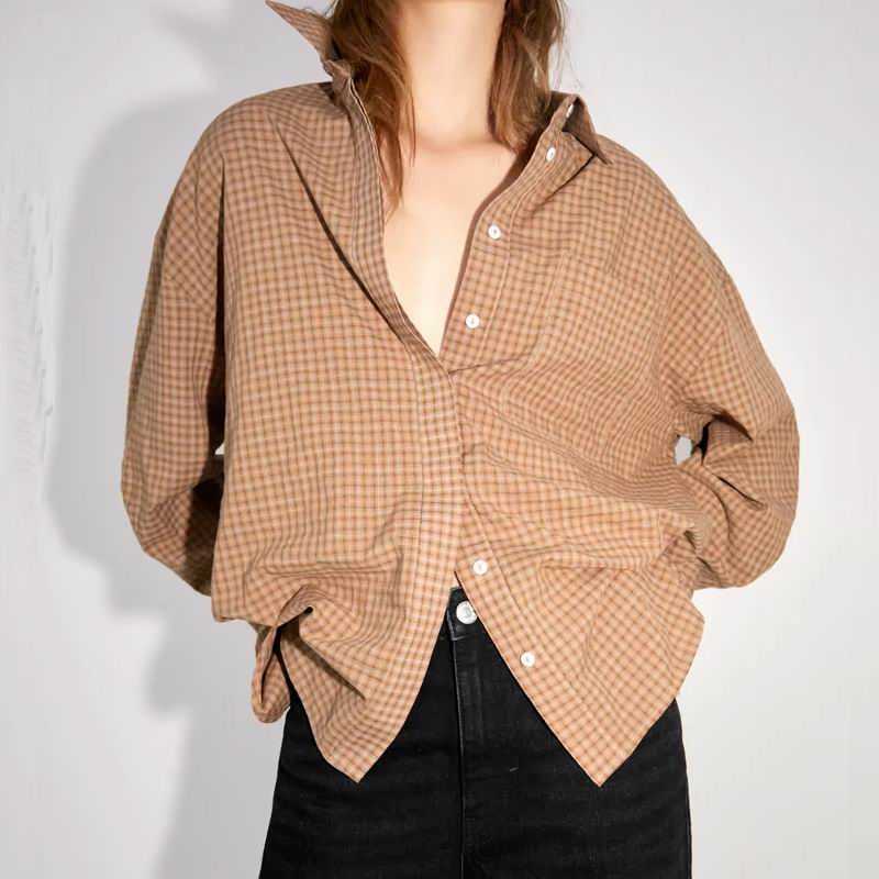 

Plus Size Women Shirt Autumn Fashion Plaid Prints Long Sleeve Modern Lady Wide Blouse 210602