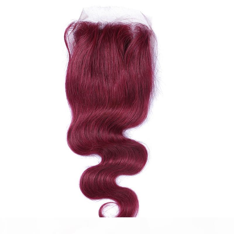 

Brazilian 99J# Burgundy Wine Red Body Wave Virgin Human Hair Lace Top Closure Free Middle 3 Way Part Bleached Knots With Baby Hair, Black;brown