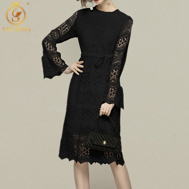 

Spring Women Flare Sleeves Lace Hollow Out Dresses Female Elegant Slim Tie Up Vestido Da Festa 210520, Photo color