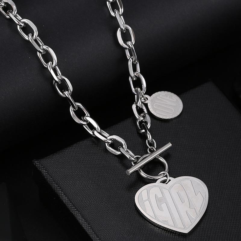 

Pendant Necklaces Harajuku Hiphop Letter Heart-shaped Stainless Steel Short Clavicle Chain Choker Necklace Male And Female Jewelry