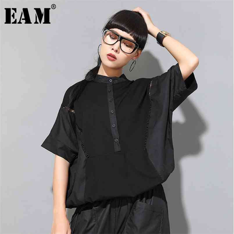 

[EAM] Women Black Letter Hollow Out Big Size T-shirt Stand Collar Half Sleeve Fashion Spring Summer 1W0 210708