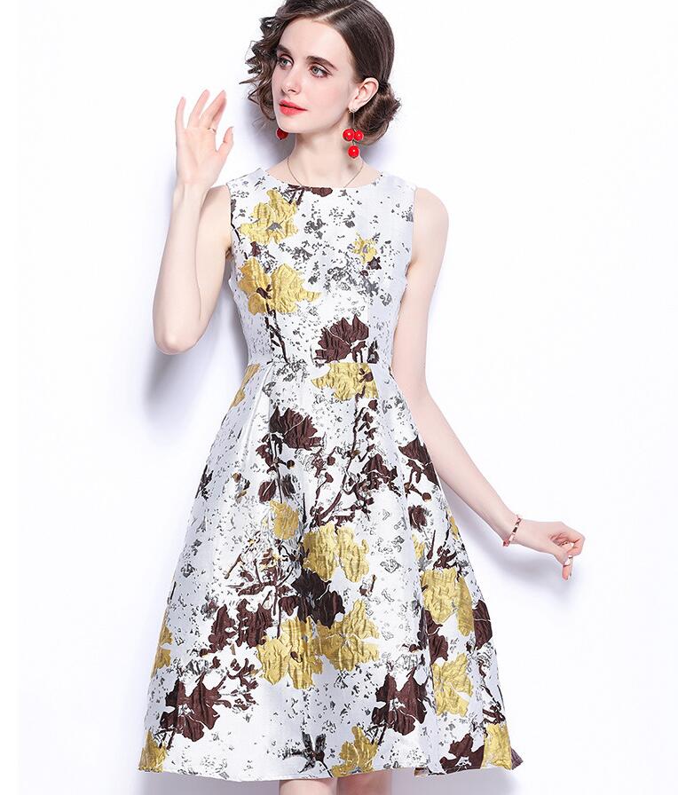 

Korean style young fashion dress summer women skirts round neck sleeveless tulip jacquard embossed waist a-line skirt, As the picture