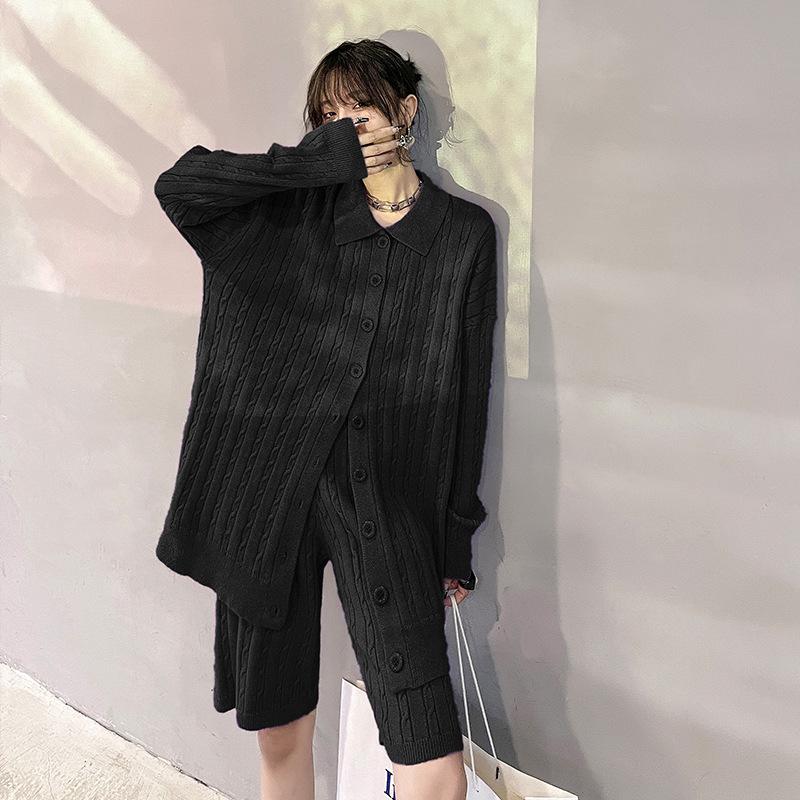 

Women's Tracksuits Ladies Sweater Suit Autumn Winter Style Knitted Cardigan Wide Leg Shorts Two Sets Of Fashion Leisure Large Size, Gray