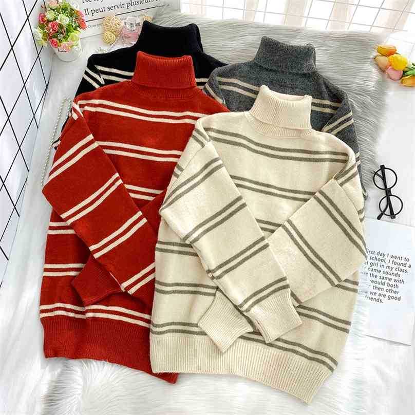 

Women Turtleneck Sweater Autumn Winter Long Sleeve Fashion Stripe Pullover Sweaters Woman Oversized Korean Knit Tops 210525
