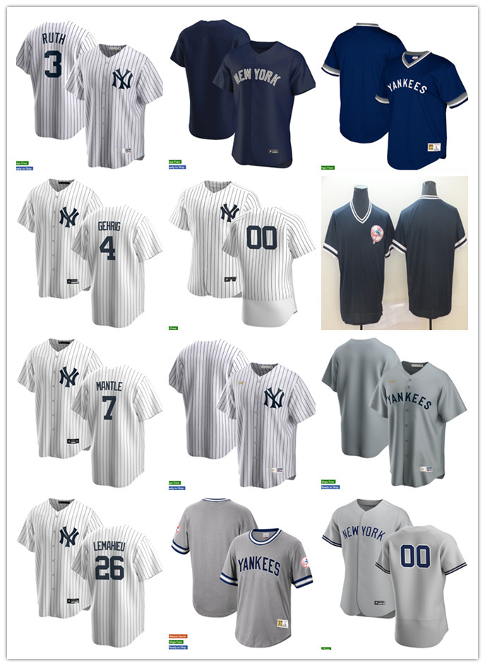 

Men Women Youth 4 Lou Gehrig 3 Babe Ruth 26 DJ LeMahieu 7 Mantle Custom Baseball Jersey Blank white gray navy, Colour