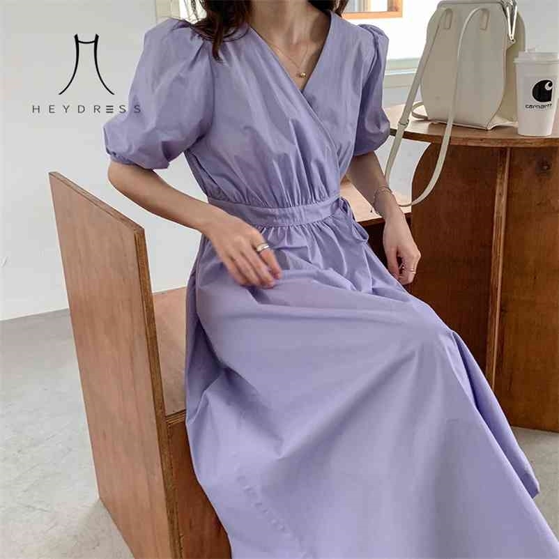 

Women Elegant Long Dress Summer V-Neck High Waist Lace-Up Purple Lady Office Puff Sleeve Party A-line Vestidos 210517, Pink