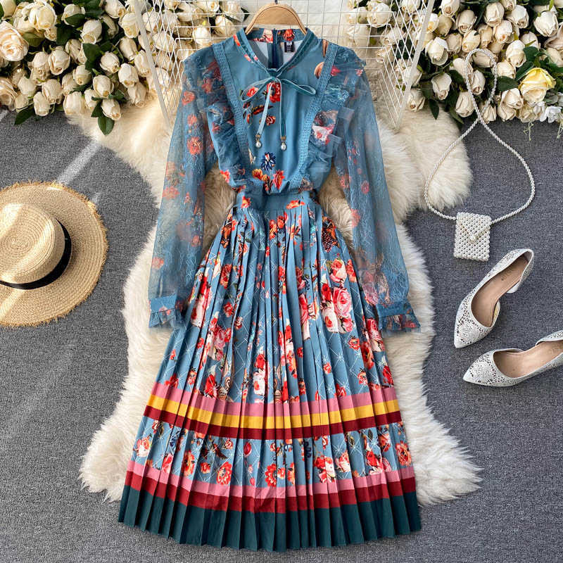 

Women Boho Floral Pleated Dress Design Lace Long Sleeve Ruffles A-line Dress Autumn Retro Print Court Wind Midi Dress 210602, Blue