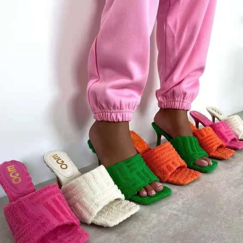 

Sandals 2021 Summer Green Women's Slippers Heeled Square Toe With Wide Padded Strap Across The Front Stiletto Heel Slides, Pink