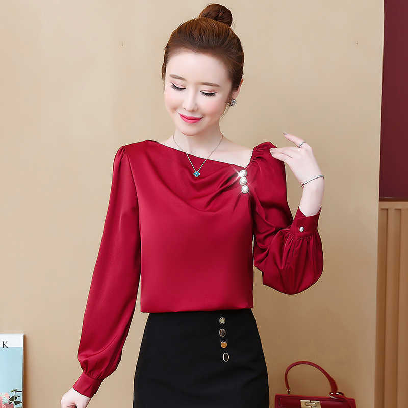 

Korean Silk Blouse Women White Shirts Puff Sleeve Shirt Woman Beading Satin  Slash Neck Tops Plus Size 210604