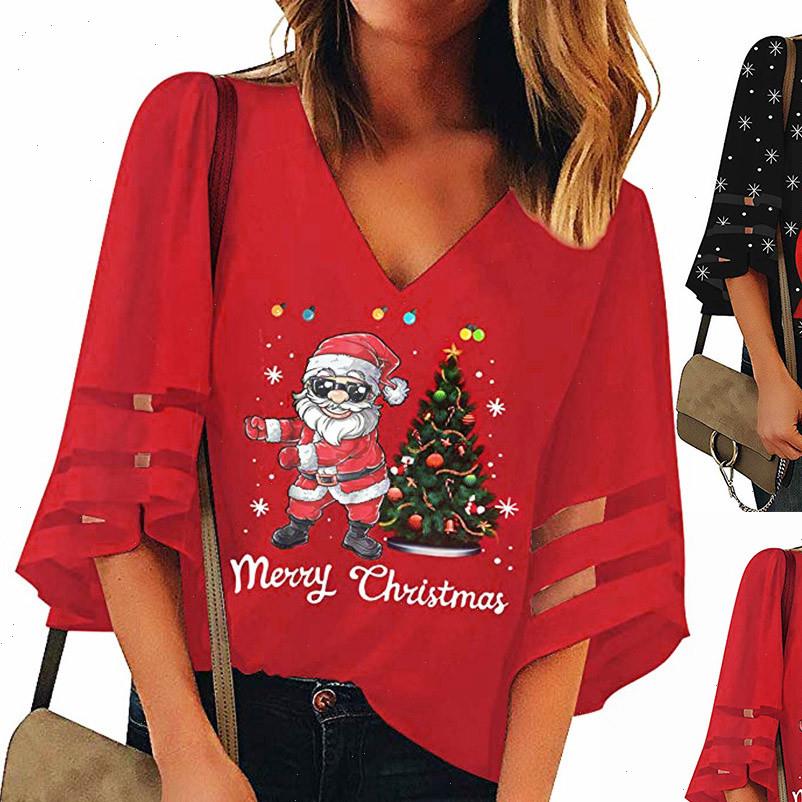 

40 christmas print tshirts womens t shirts v neck mesh trumpet sleeves loose vintage, White