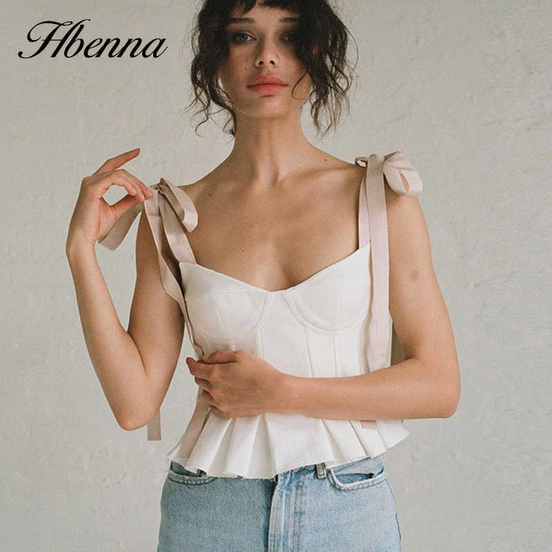 

Hbenna Bow Lace up Crop Top Women Elegant V-Neck Ruffles Hem Camis Pink Strap Tank Summer White Ruched Sleeveless Sexy 210608