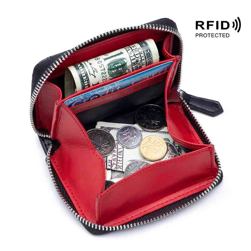 

Japanese leather RFID anti-theft brush men's and women's zipper coin storage category zero wallet, Black