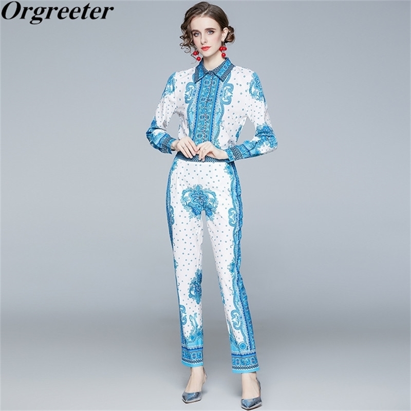 

Runway Design Fashion Shirt Pants Suits Spring Fall Blue Print Slim Blouse and Pencil Two piece set Female 210602
