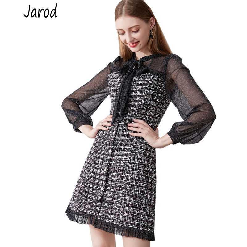 

Autumn Winter Vintage Dresses Korean Women Elegant Mesh patchwork tweed Dress Party Long Sleeve Runway Vestidos 210526, Picture color