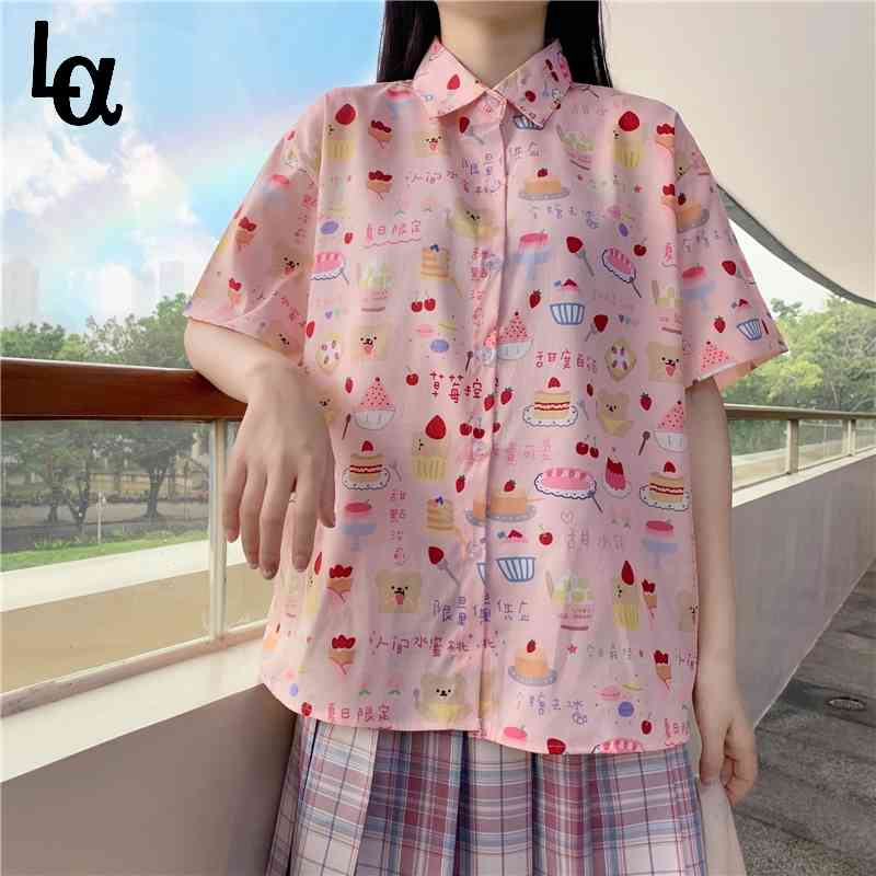 

Kawaii Strawberry Cake Print Short Sleeve Shirts Girly Cute Tops Camisas Mujer Japanese Summer Sweet Lolita Pink Blouses 210519