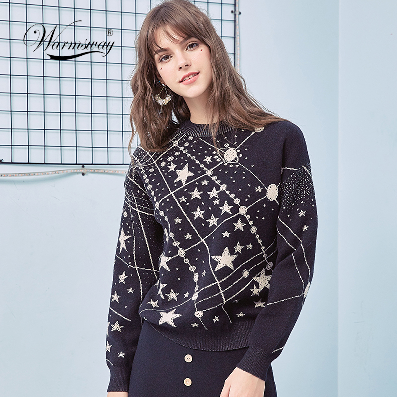 

Retro Galaxy Star Pattern Sweater Women Vintage Long Sleeve Jumpers 2021 Autumn Winter Ladies Jacquard Sweaters Pullovers C-285, Black