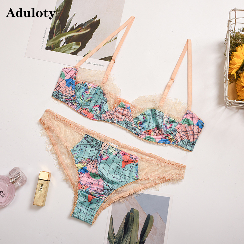 

Aduloty New Womens underwire gathering sexy bra set lace eyelash underwear set thin erotic lingerie and transparent panty set, Red