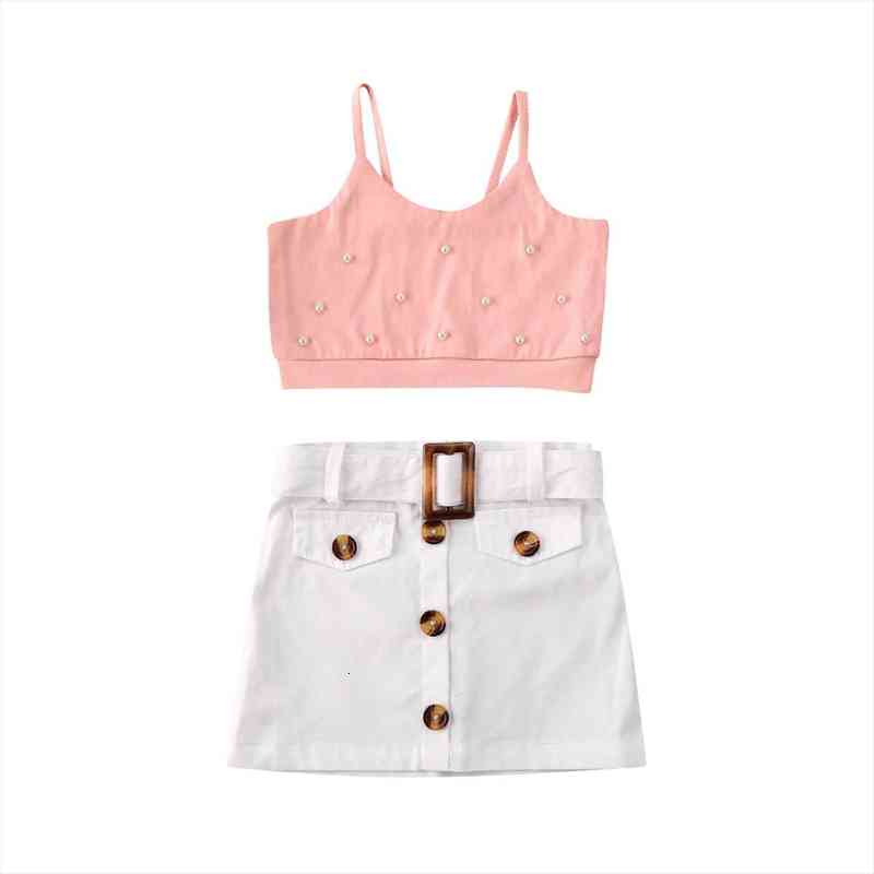 

Summer Kids Baby Girls Clothes Sets Sleeveless Pearl Crop Top Button Mini Skirts 2pcs Summer Outfit Set For 1-5years, White
