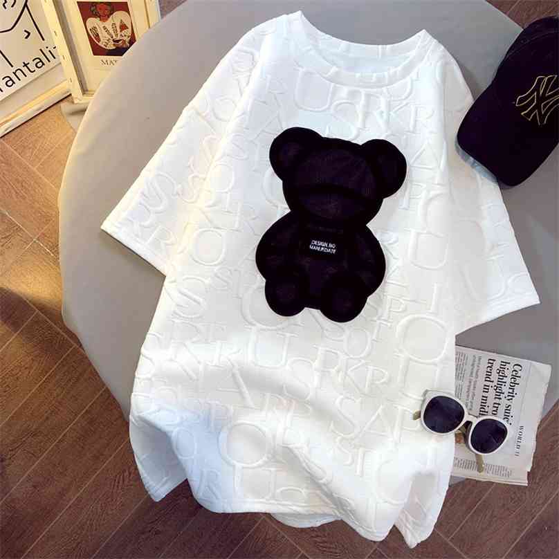 

Women's T-shirts Harajuku Girls Plus Size Tops Letter Jacquard O-neck Short Sleeves Loose Summer Tshirt Bear White Tees M-5XL 210720, Gray