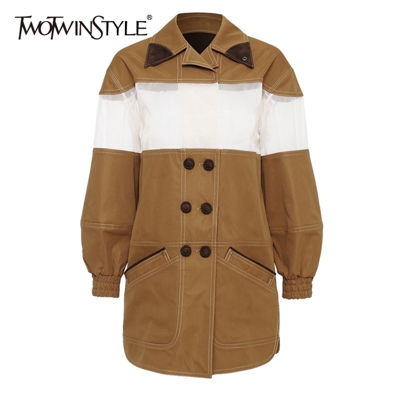 

Casual Patchwork Mesh Women Jacket Lapel Collar Lantern Long Sleeve Loose Hit Color Coats For Female Fashion 210524, As picture